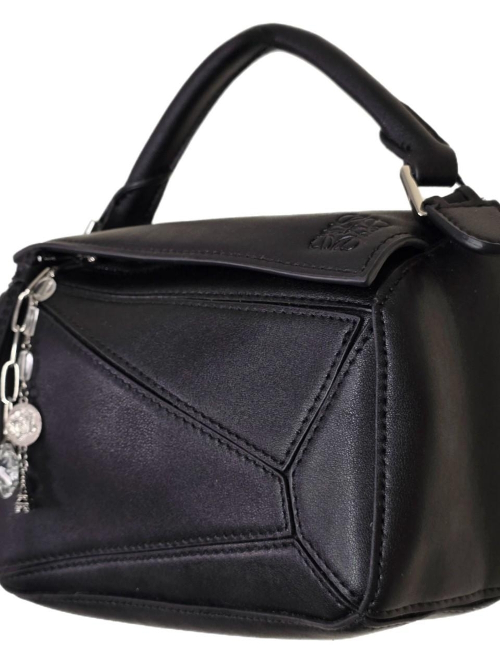 Loewe Mini Puzzle Bag Black Leather Crossbody Top Handle with Handmade Bag Charm